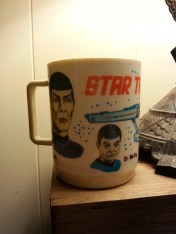 Definitive proof that I'm a trekkie.  This is the actual, vintage Star Trek mug that I think I mail-ordered from the back of a cereal box in 70s.  On the bottom it says, "DEKA Elizabeth NJ 14  269  Made in USA"